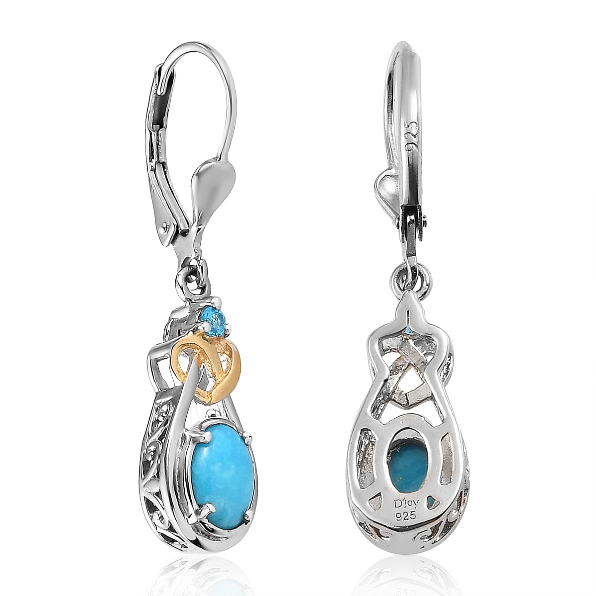 AMERICAN Natural Sleeping Beauty Turquoise and Malgache Neon Apatite Dangle Earrings in Vermeil Yellow Gold and Platinum Over Sterling Silver 1.50 ctw image number 3