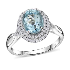 ILIANA 2.15 ctw AAA Santa Maria Aquamarine and Diamond G-H SI Halo Ring in 18K White Gold 5 Grams