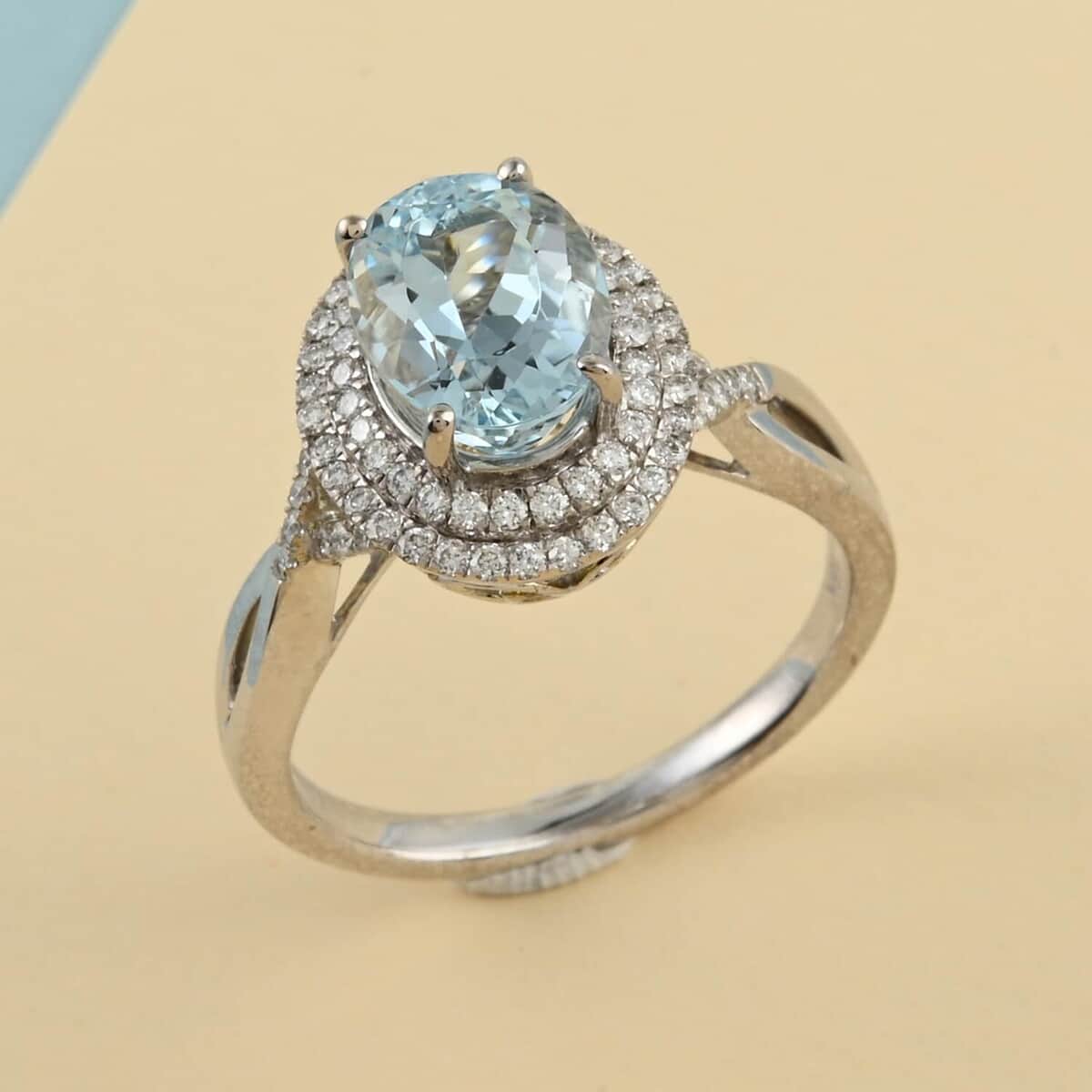 Iliana 18K White Gold AAA Santa Maria Aquamarine and G-H SI Diamond Halo Ring (Size 7.0) 5 Grams 2.15 ctw image number 1
