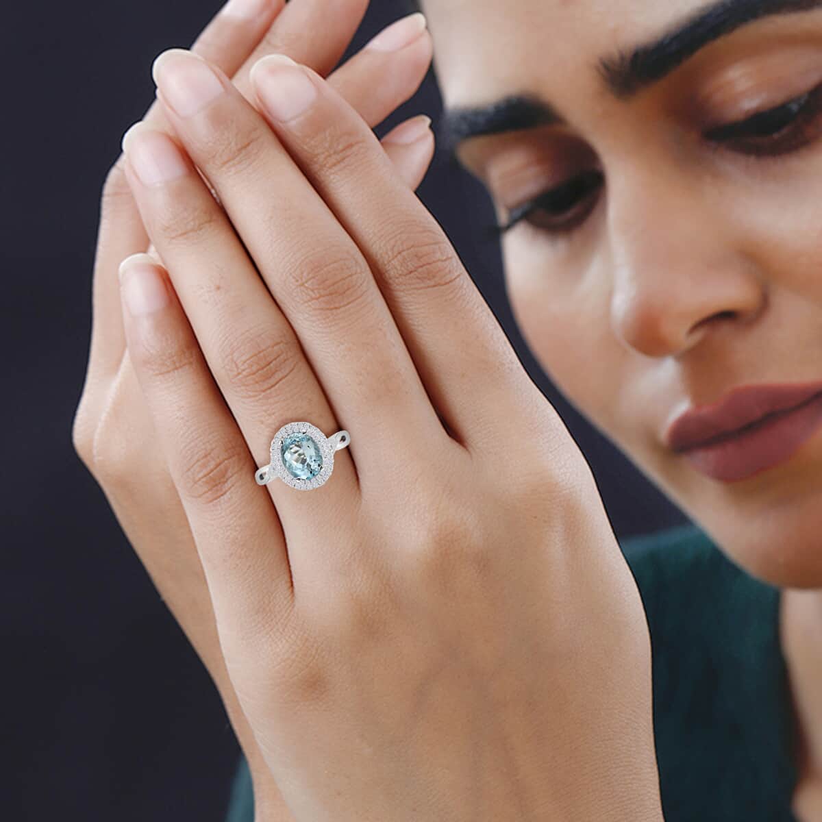 Iliana 18K White Gold AAA Santa Maria Aquamarine and G-H SI Diamond Halo Ring (Size 7.0) 5 Grams 2.15 ctw image number 2