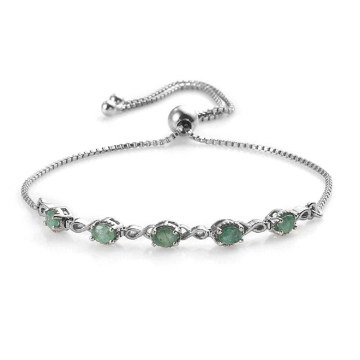 Kagem Zambian Emerald Bolo Bracelet in Platinum Over Sterling Silver (10.50 In) 0.90 ctw