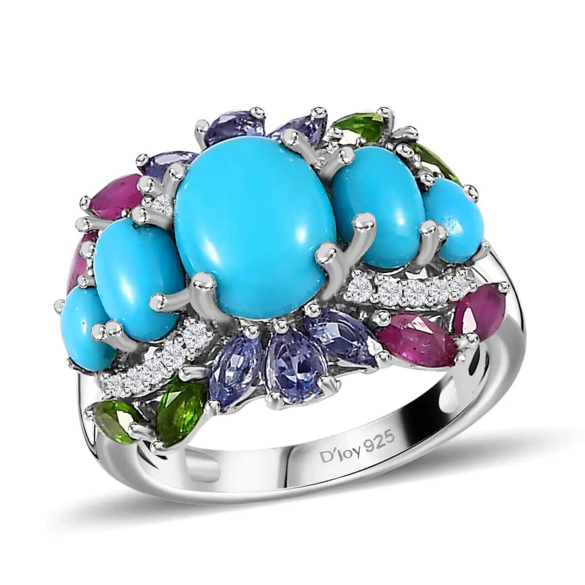 Sleeping Beauty Turquoise Ring, Multi Gemstone Ring, Platinum Over Sterling Silver Ring, Colorful Ring, Ring For Her 4.60 ctw (Size 10.0) image number 0