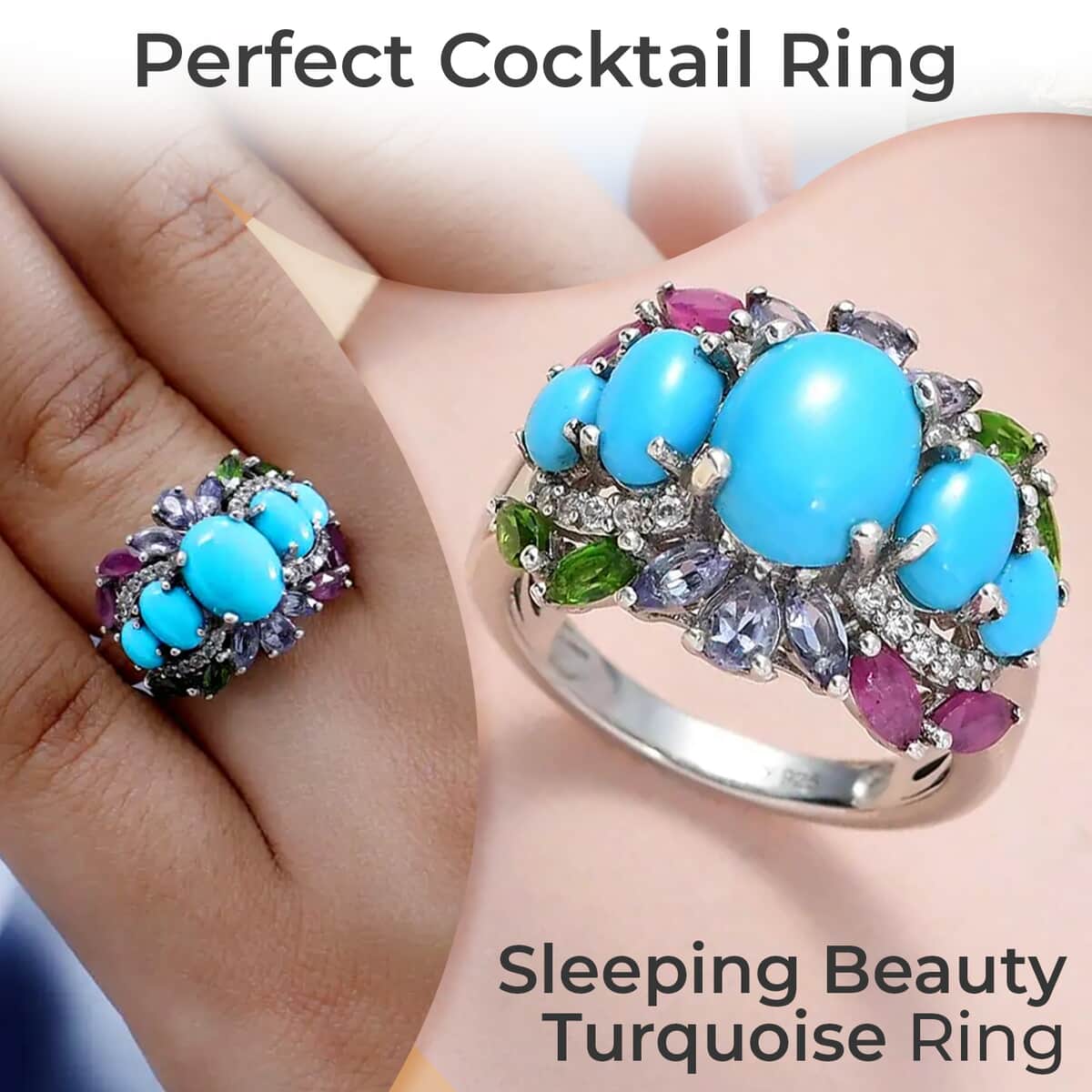 Sleeping Beauty Turquoise Ring, Multi Gemstone Ring, Platinum Over Sterling Silver Ring, Colorful Ring, Ring For Her 4.60 ctw (Size 10.0) image number 1