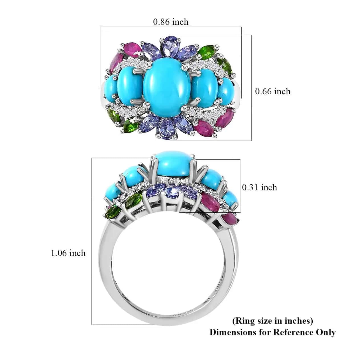 Sleeping Beauty Turquoise Ring, Multi Gemstone Ring, Platinum Over Sterling Silver Ring, Colorful Ring, Ring For Her 4.60 ctw (Size 10.0) image number 6