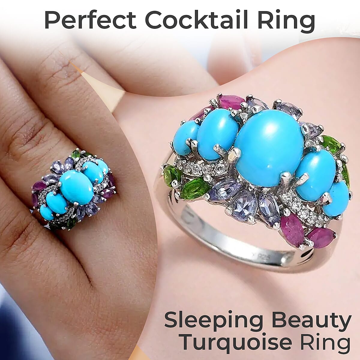 Sleeping Beauty Turquoise Ring, Multi Gemstone Ring, Platinum Over Sterling Silver Ring, Colorful Ring, Ring For Her 4.60 ctw image number 1