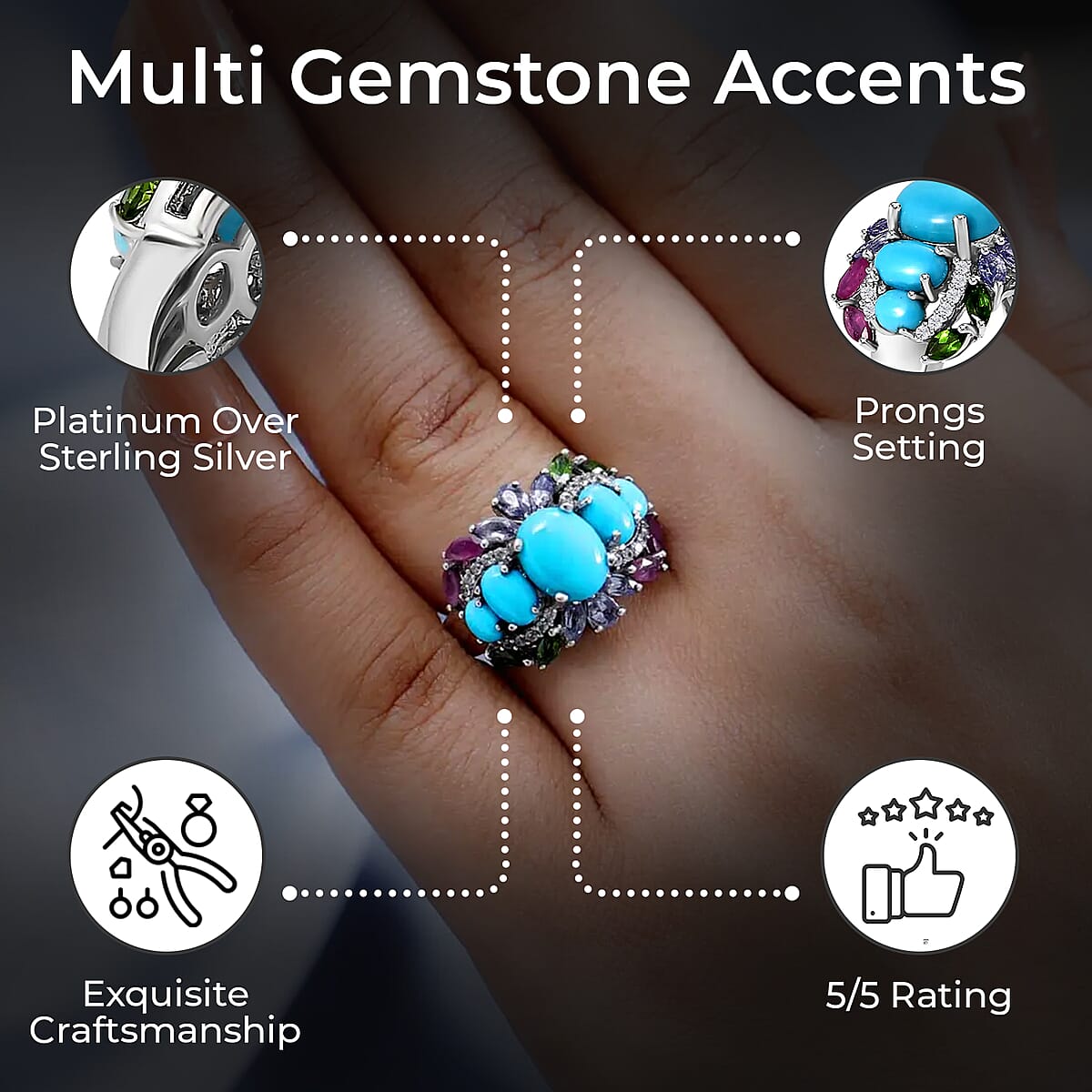 Sleeping Beauty Turquoise Ring, Multi Gemstone Ring, Platinum Over Sterling Silver Ring, Colorful Ring, Ring For Her 4.60 ctw image number 2