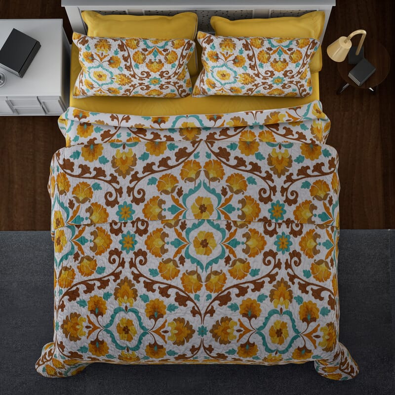 Homesmart Yellow Floral Print 7pc Quilt and Sheet Set - Queen (100% Microfiber)