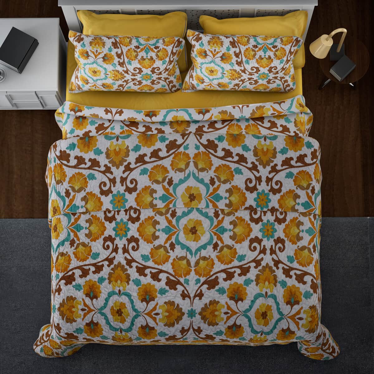 HOMESMART Yellow Floral Print 7pc Quilt and Sheet Set - Queen (100% Microfiber) image number 1