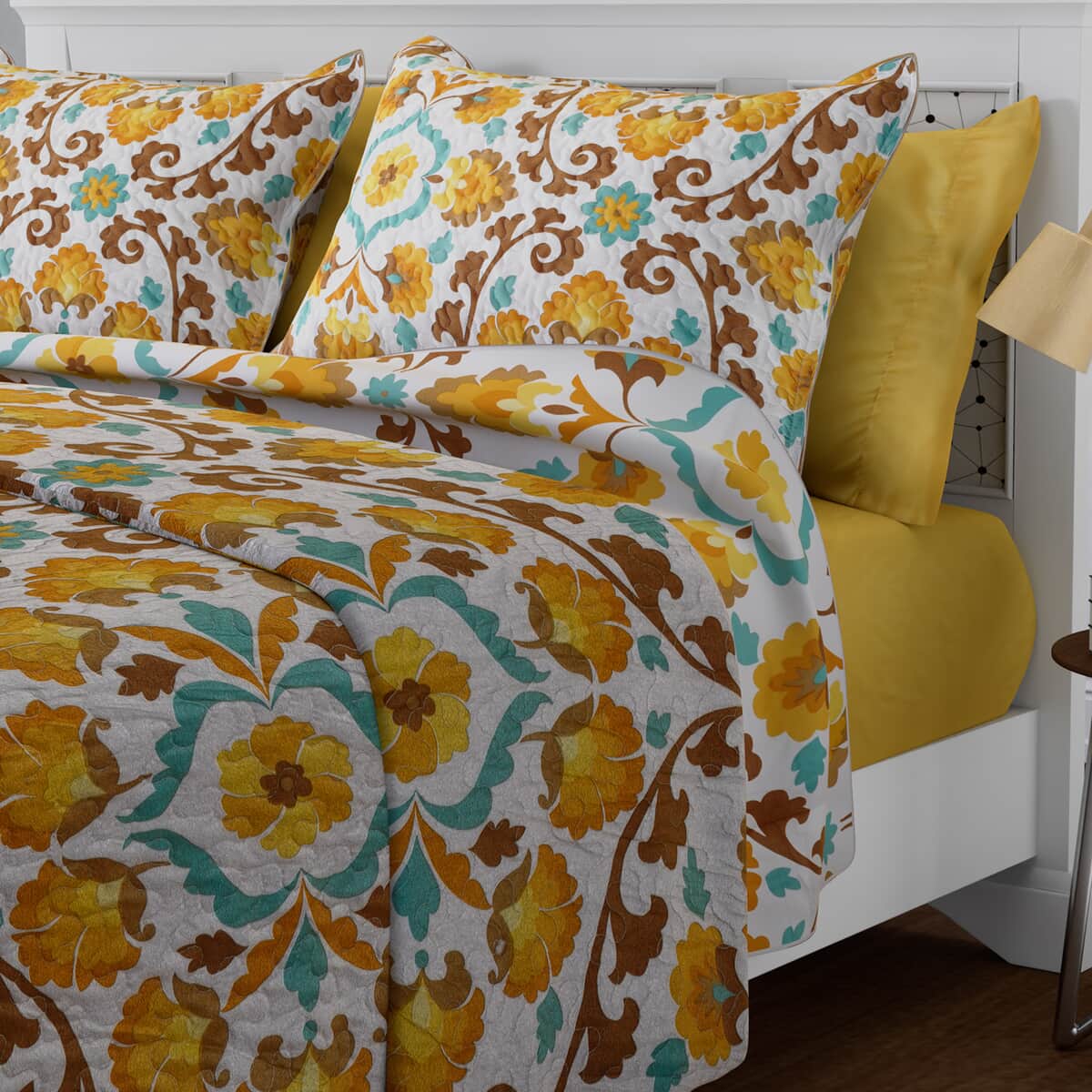HOMESMART Yellow Floral Print 7pc Quilt and Sheet Set - Queen (100% Microfiber) image number 2