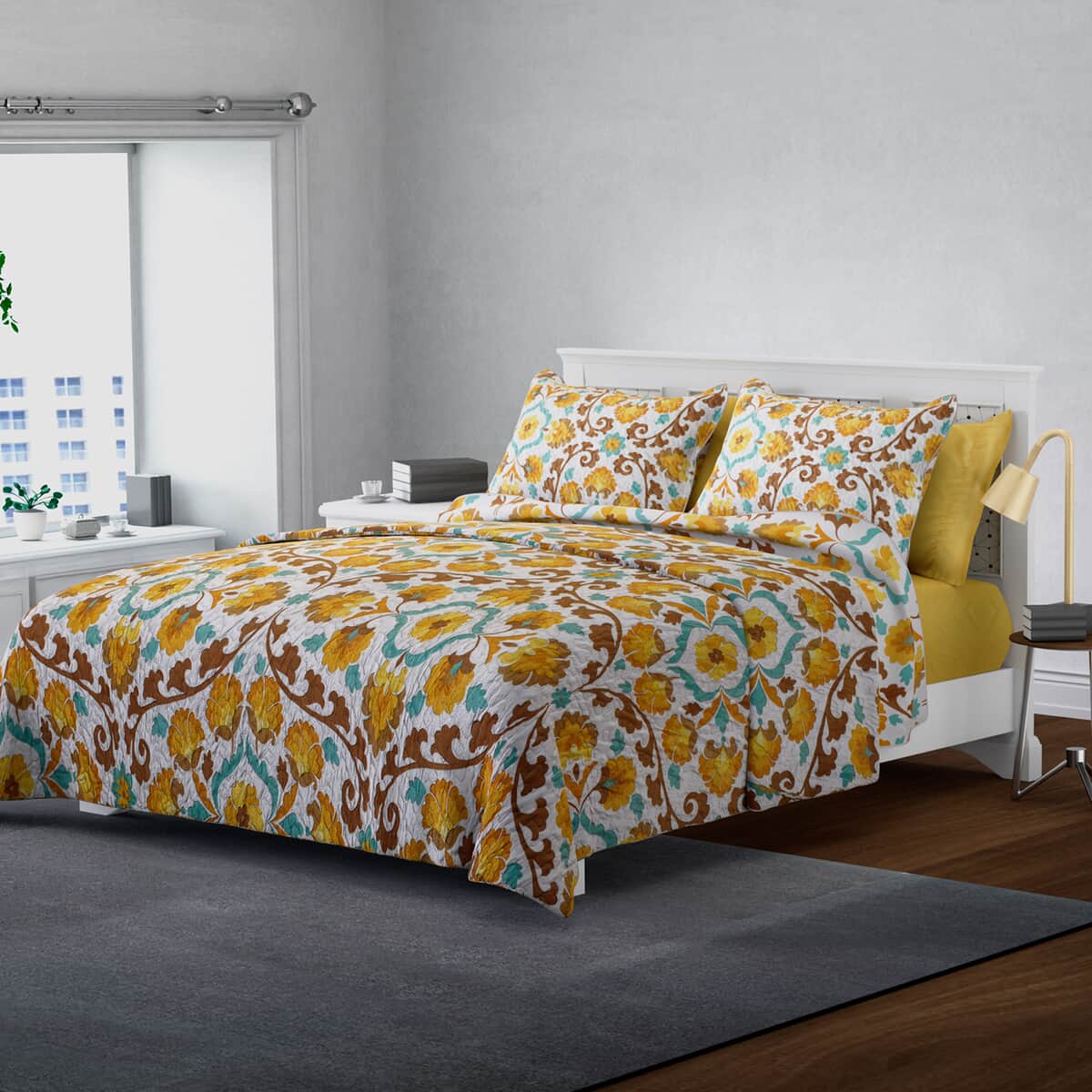 Homesmart Yellow Floral Print 7pc Quilt and Sheet Set - King (100% Microfiber) image number 0