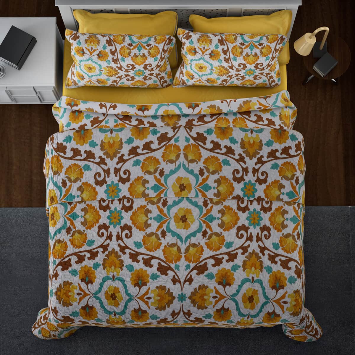 Homesmart Yellow Floral Print 7pc Quilt and Sheet Set - King (100% Microfiber) image number 1