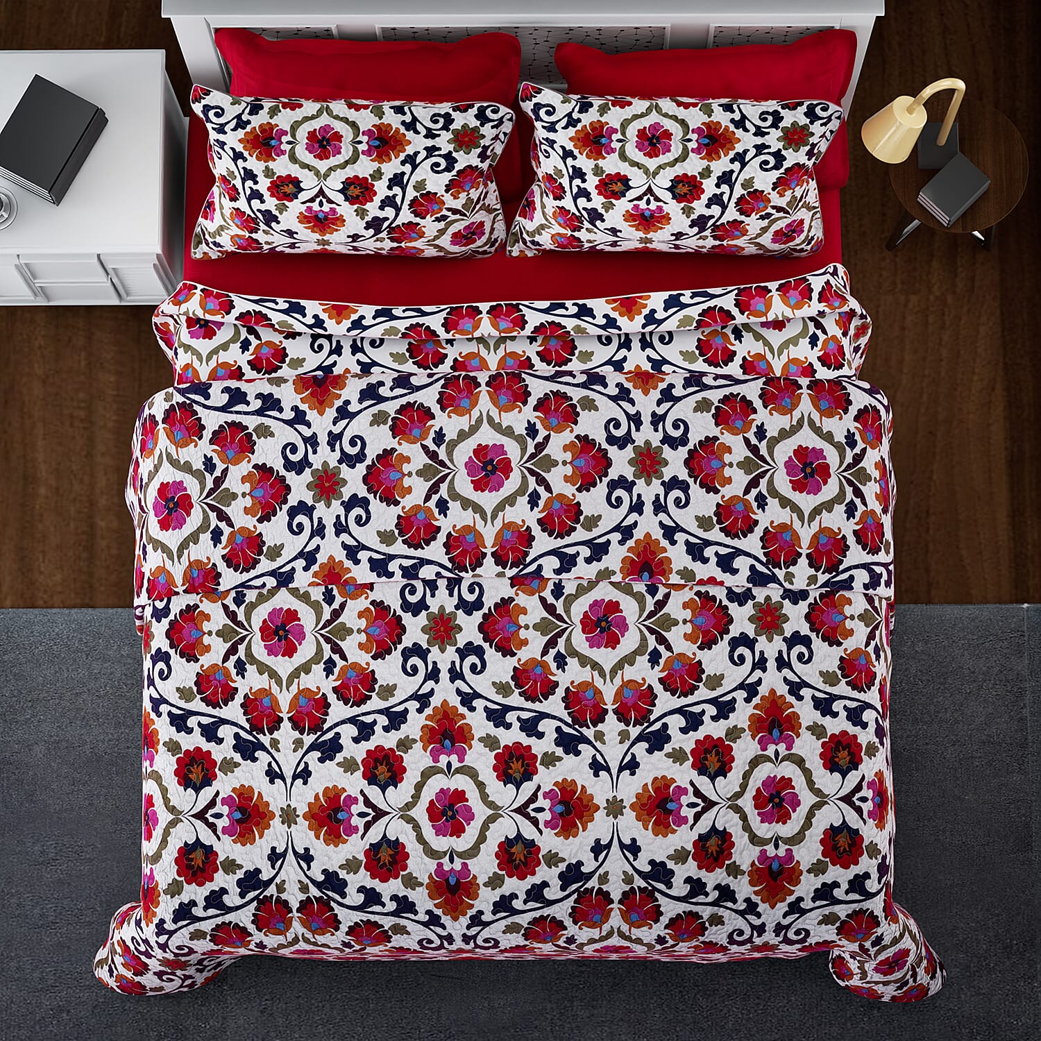 Homesmart Red Floral Print 7pc Quilt and Sheet Set - Queen (100% Microfiber)
