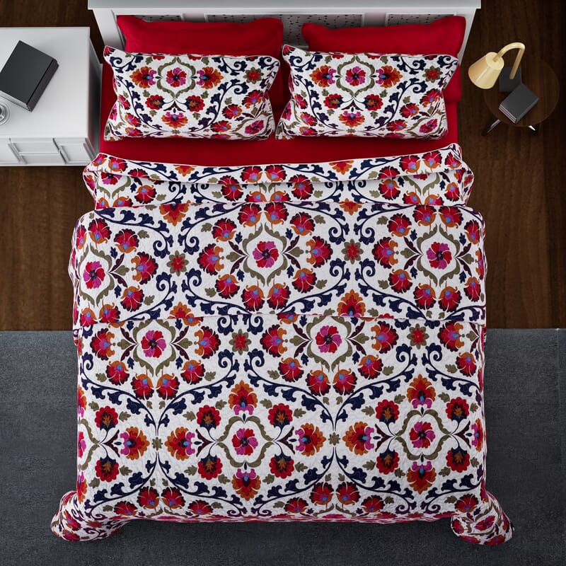 Homesmart Red Floral Print 7pc Quilt and Sheet Set - Queen (100% Microfiber)
