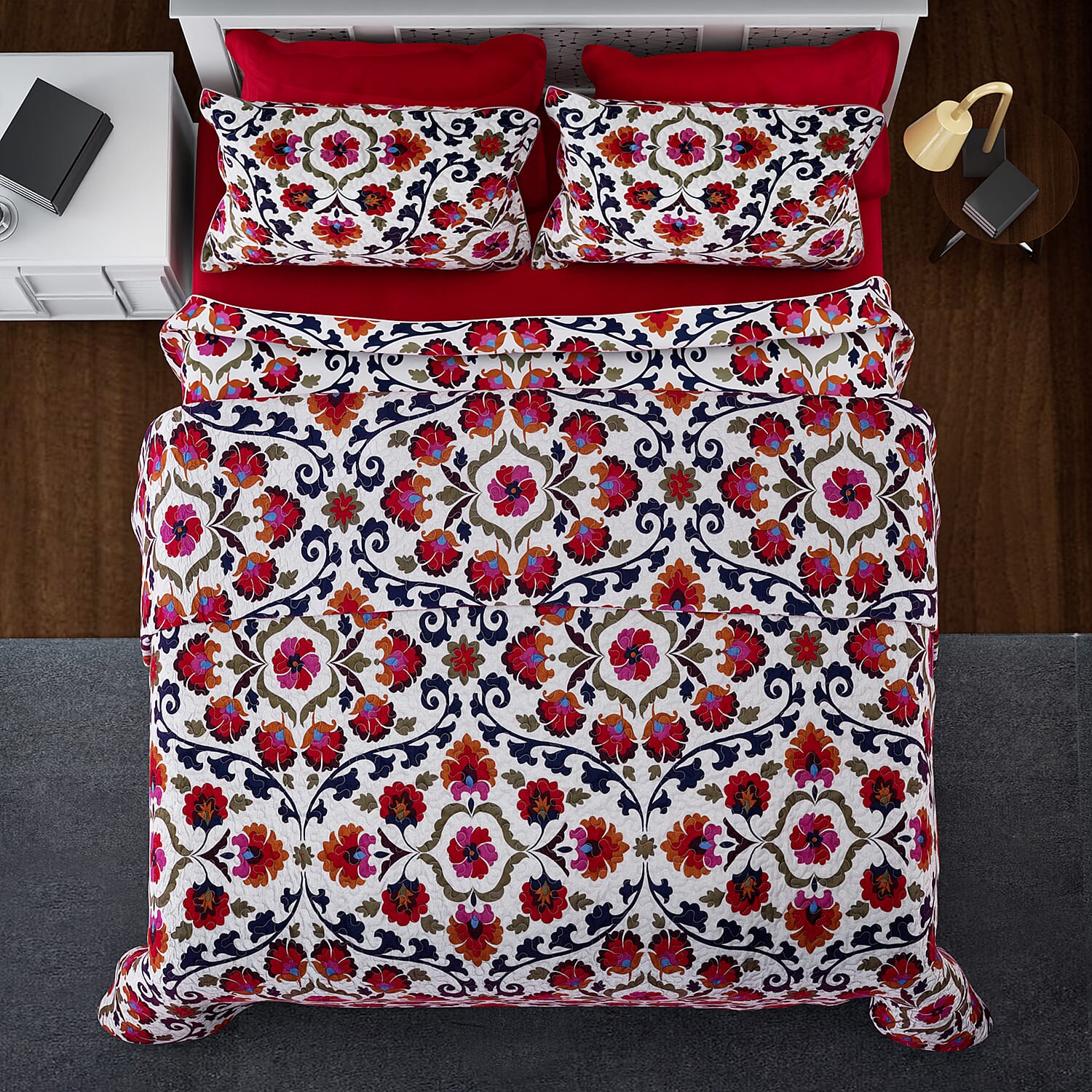 Homesmart Red Floral Print 7pc Quilt and Sheet Set - King (100% Microfiber)