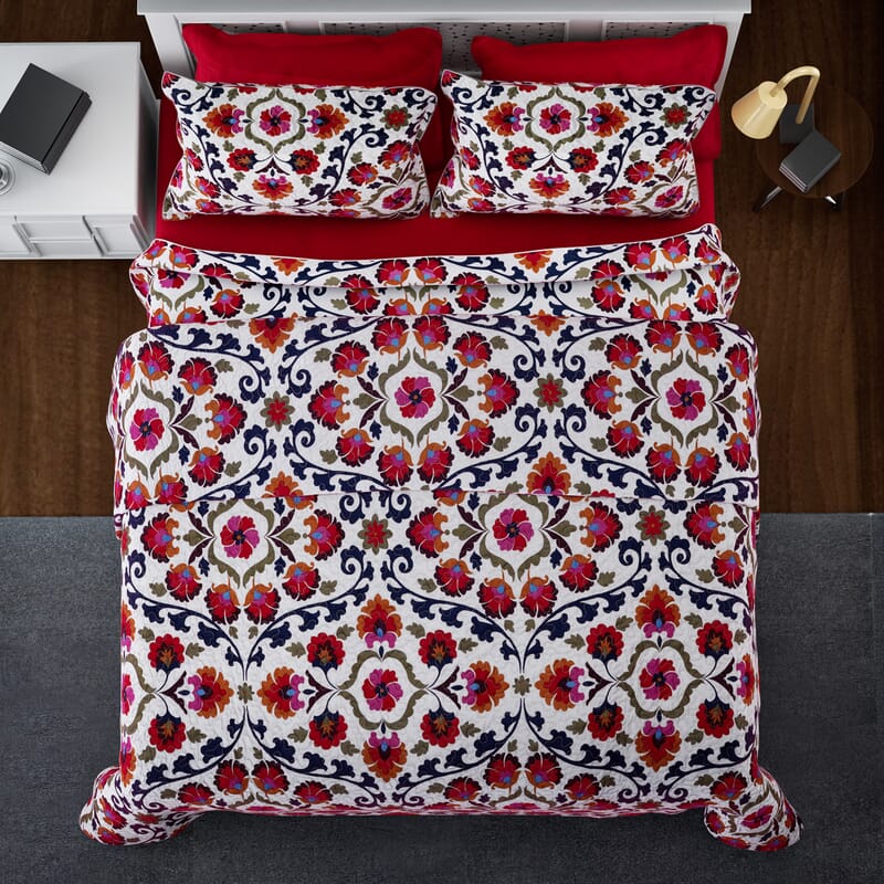 Homesmart Red Floral Print 7pc Quilt and Sheet Set - King (100% Microfiber)