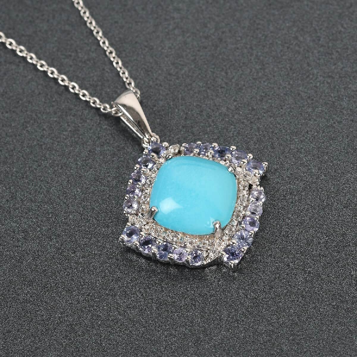 Natural Arizona Sleeping Beauty Turquoise and Tanzanite Pendant Necklace 20 Inch in Platinum Over Sterling Silver 6.65 ctw image number 1