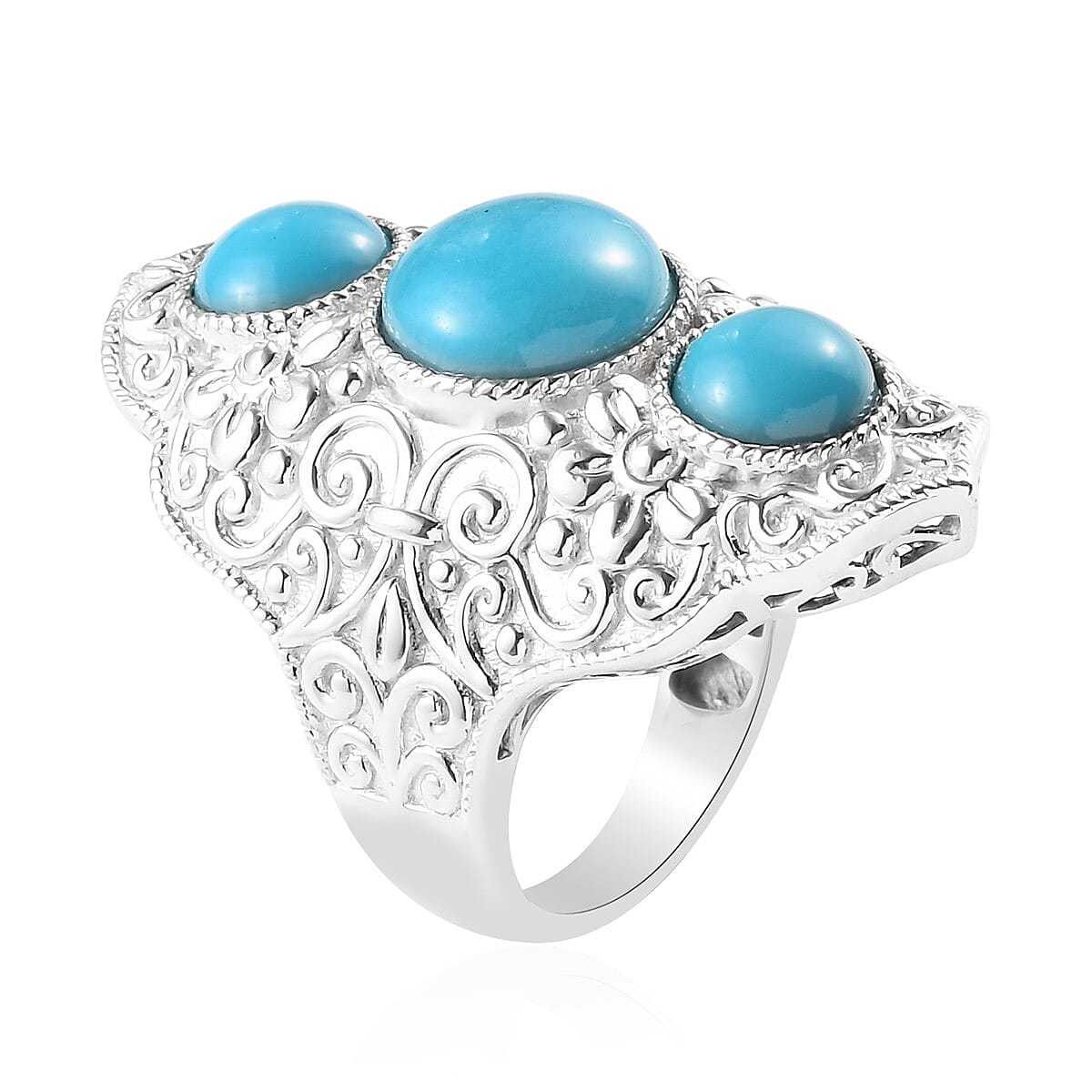 AMERICAN Natural Sleeping Beauty Turquoise 3 Stone Ring in Platinum Over Sterling Silver (Size 6.0) 5.40 ctw