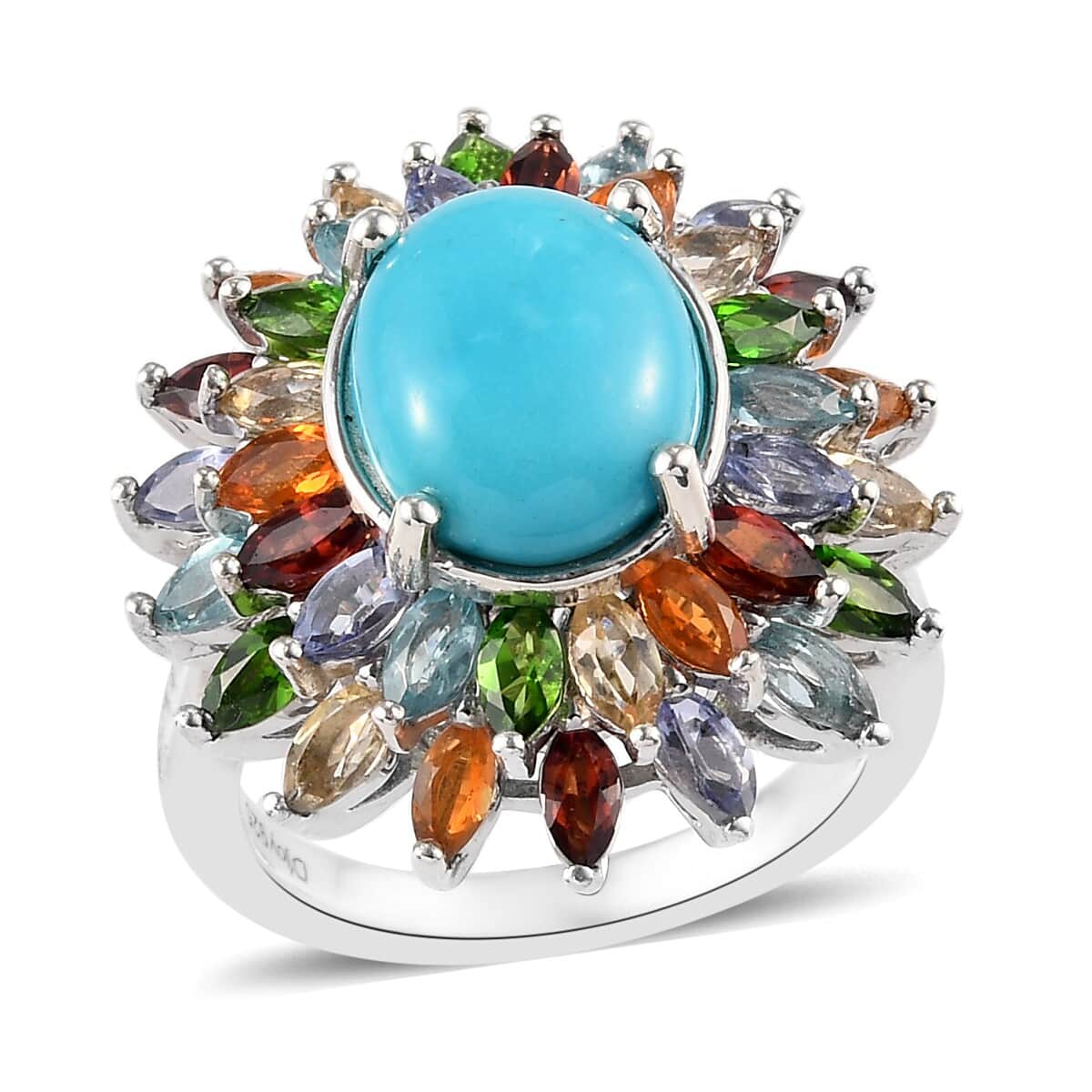 American Natural Sleeping Beauty Turquoise and Multi Gemstone Floral Spray Ring in Platinum Over Sterling Silver (Size 11.0) 5.90 ctw image number 0