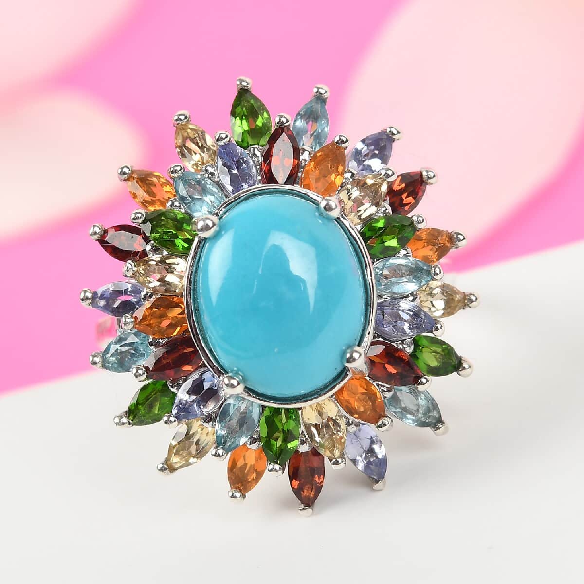 American Natural Sleeping Beauty Turquoise and Multi Gemstone Floral Spray Ring in Platinum Over Sterling Silver (Size 11.0) 5.90 ctw image number 1