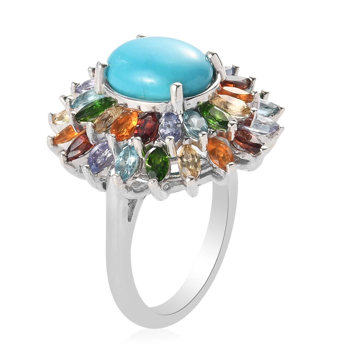 American Natural Sleeping Beauty Turquoise and Multi Gemstone Floral Spray Ring in Platinum Over Sterling Silver (Size 11.0) 5.90 ctw image number 3