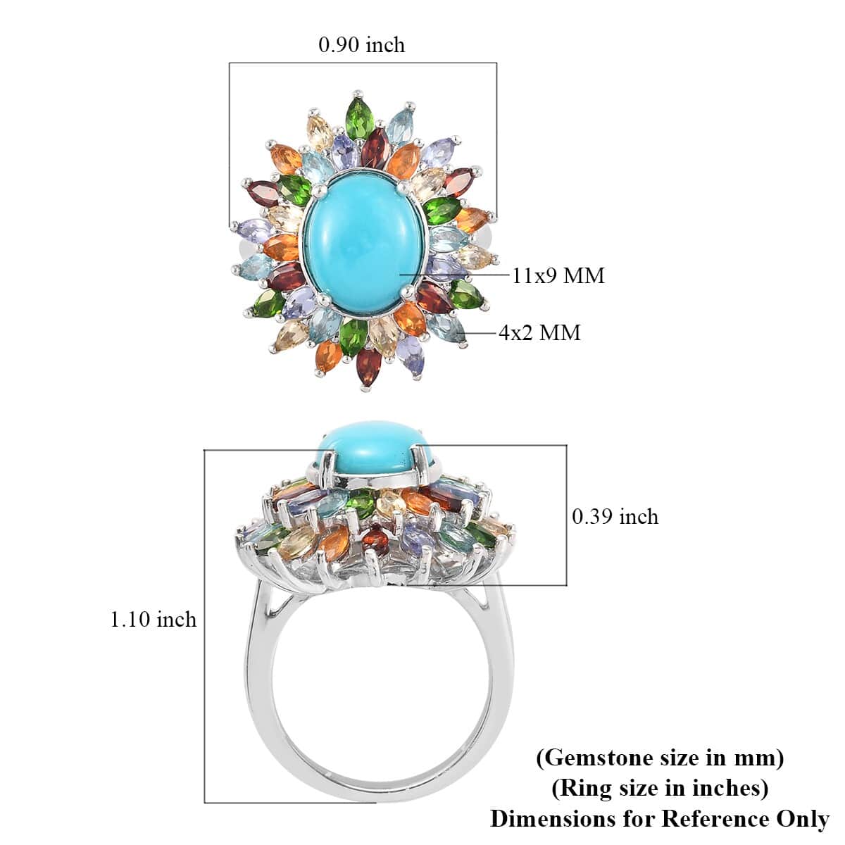 American Natural Sleeping Beauty Turquoise and Multi Gemstone Floral Spray Ring in Platinum Over Sterling Silver (Size 11.0) 5.90 ctw image number 5