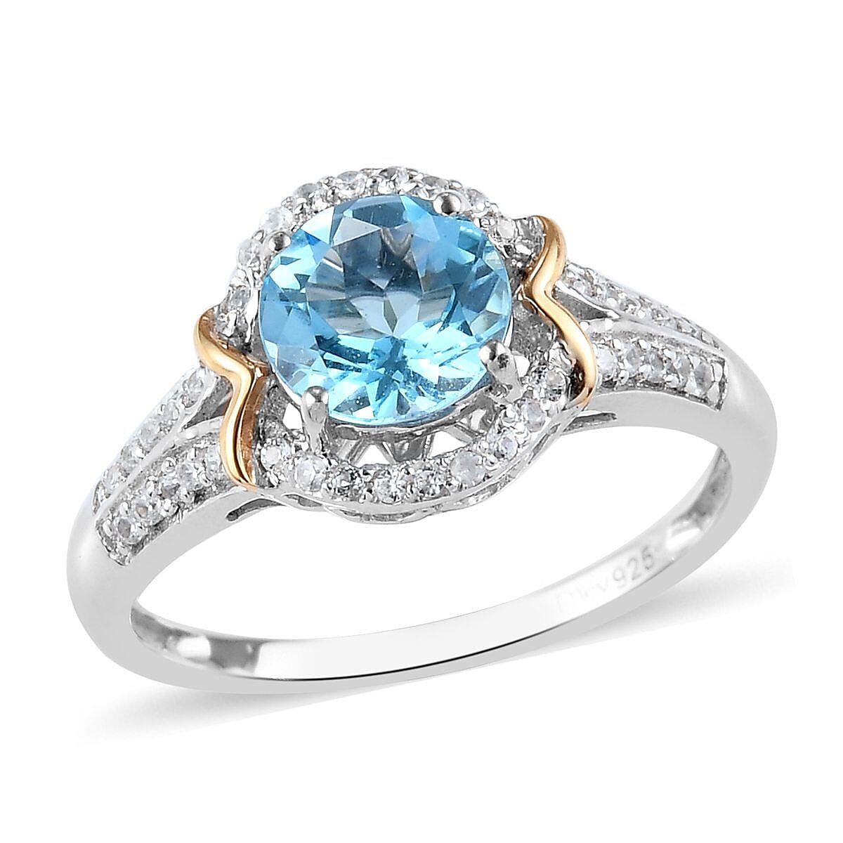 10K Yellow Gold Premium Swiss Blue Topaz and White Zircon Ring in Platinum Over Sterling Silver (Size 10.0) 2.40 ctw
