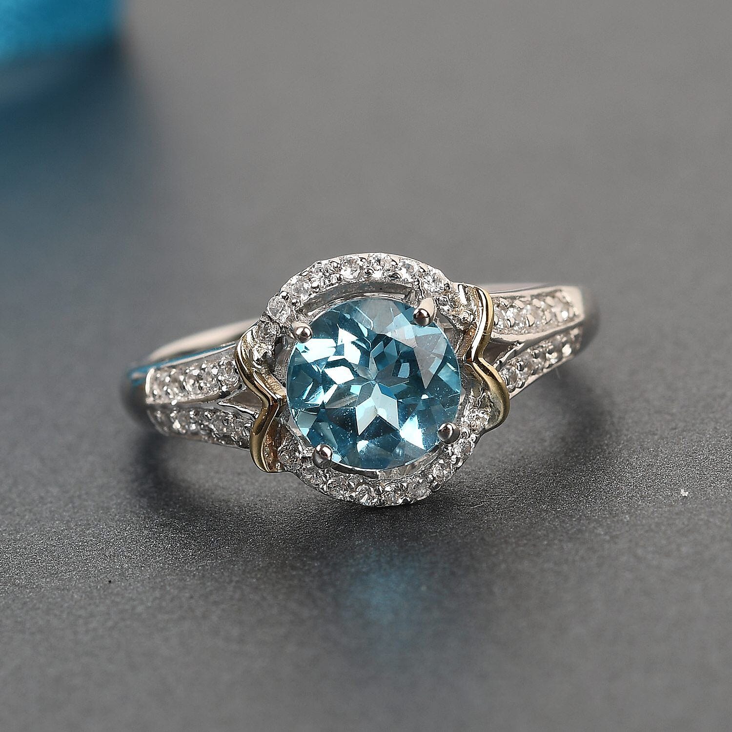 10K Yellow Gold Premium Swiss Blue Topaz and White Zircon Ring in Platinum Over Sterling Silver (Size 10.0) 2.40 ctw