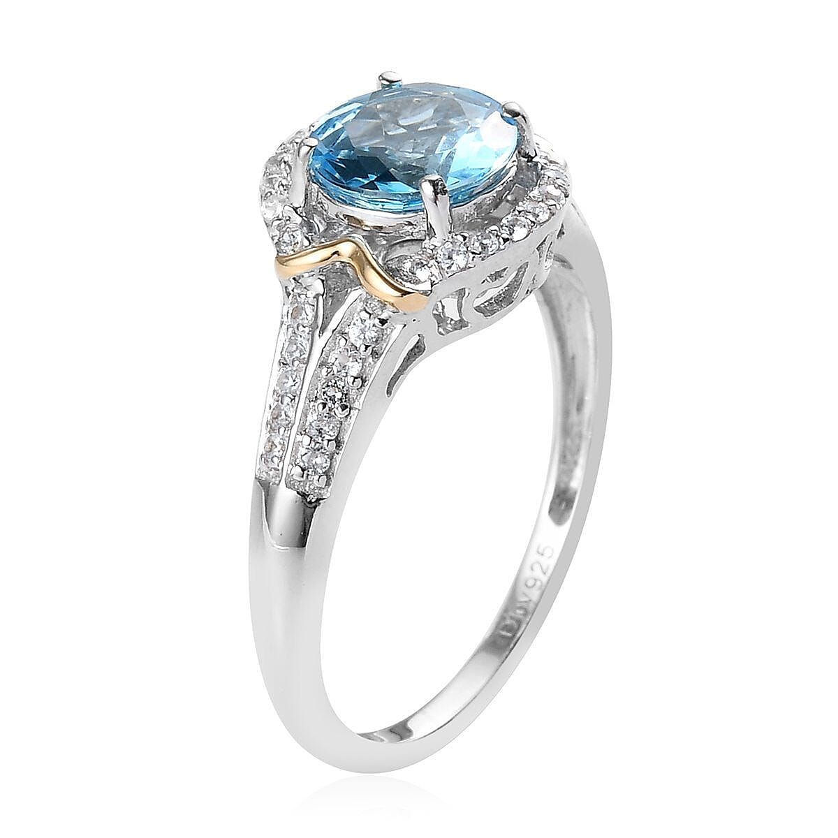 10K Yellow Gold Premium Swiss Blue Topaz and White Zircon Ring in Platinum Over Sterling Silver (Size 10.0) 2.40 ctw