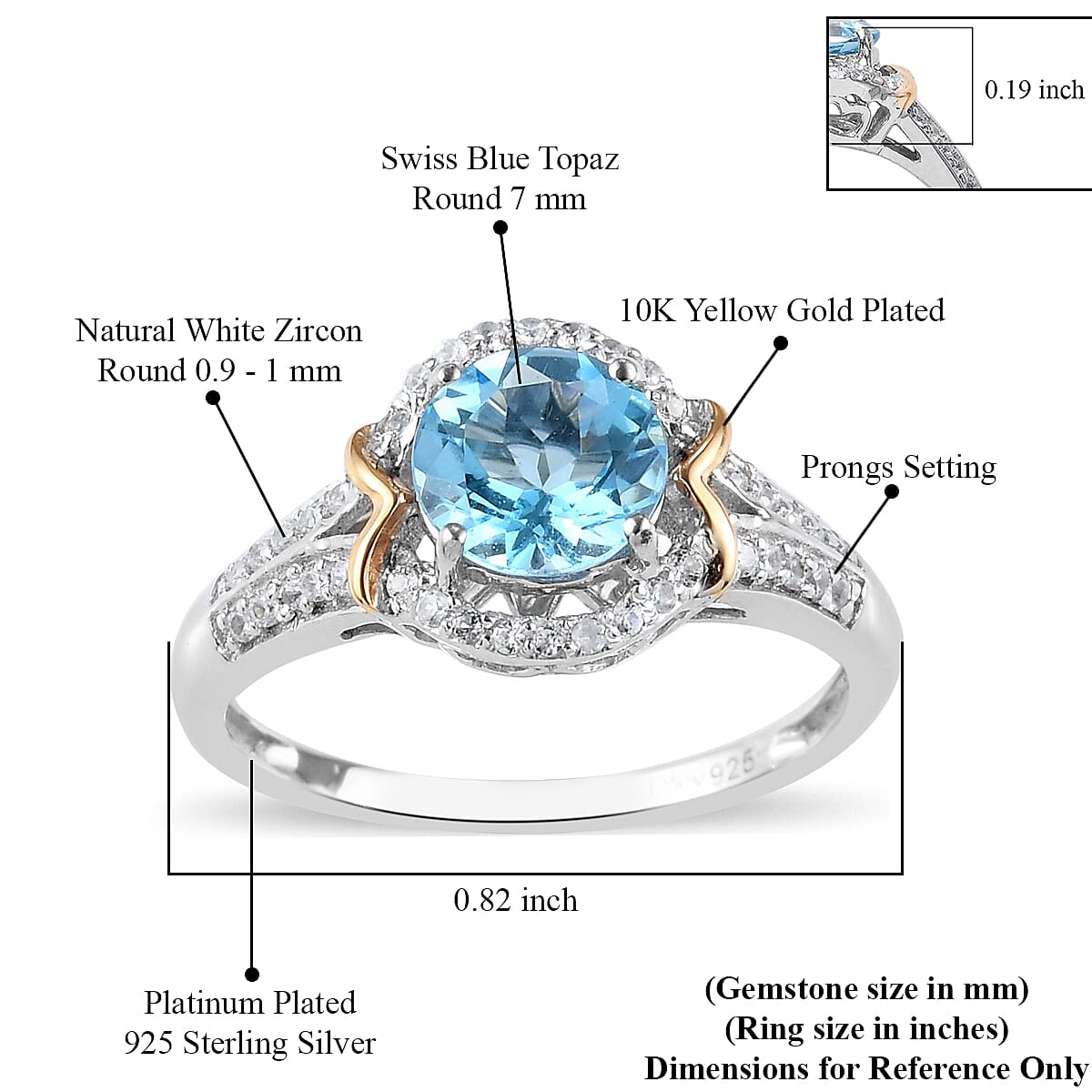 10K Yellow Gold Premium Swiss Blue Topaz and White Zircon Ring in Platinum Over Sterling Silver (Size 10.0) 2.40 ctw