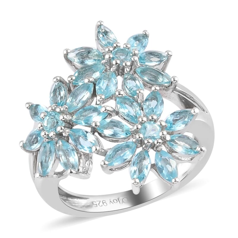 Betroka Blue Apatite Floral Ring in Platinum Over Sterling Silver (Size 10.0) 2.15 ctw