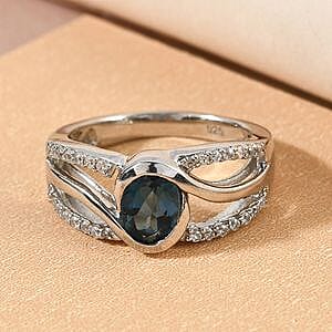 London Blue Topaz and White Zircon 1.14 ctw Ring in Platinum Over Sterling Silver (Size 5.5)
