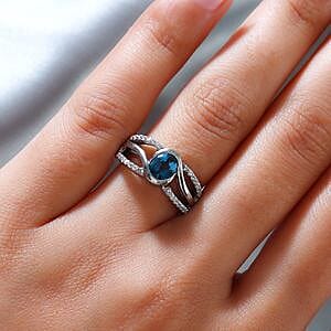 London Blue Topaz and White Zircon 1.14 ctw Ring in Platinum Over Sterling Silver (Size 5.5)