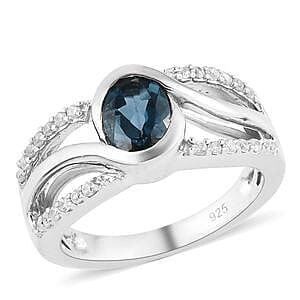 London Blue Topaz and White Zircon 1.14 ctw Ring in Platinum Over Sterling Silver (Size 5.5)