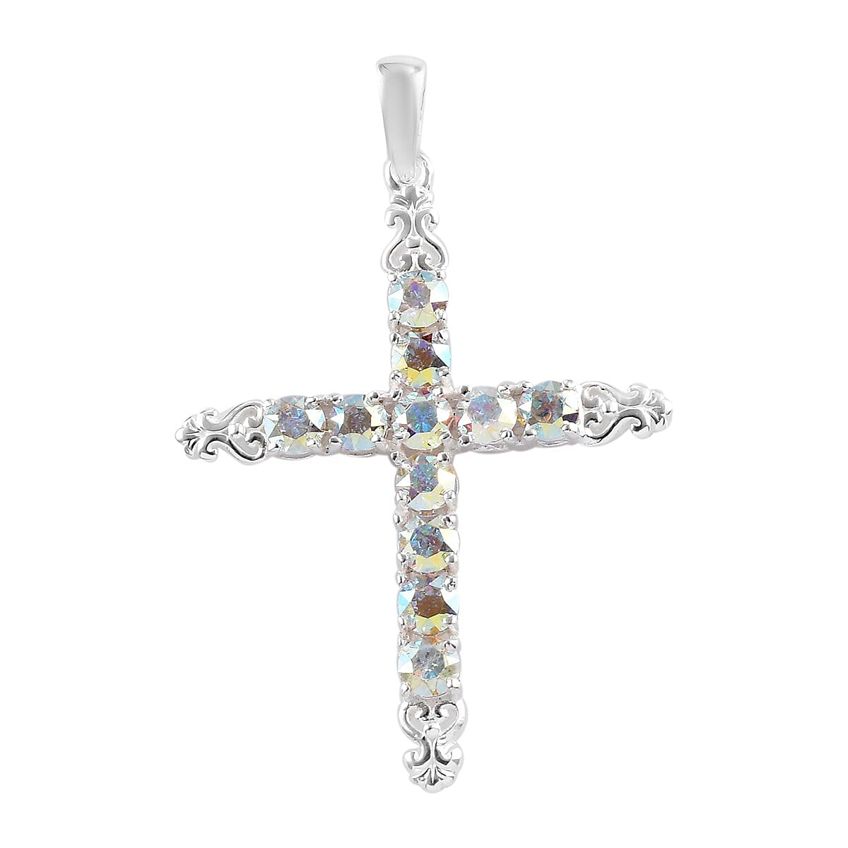 Aurora Borealis Crystal Cross Pendant in Sterling Silver