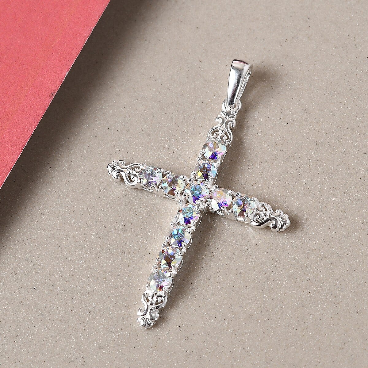 Aurora Borealis Crystal Cross Pendant in Sterling Silver