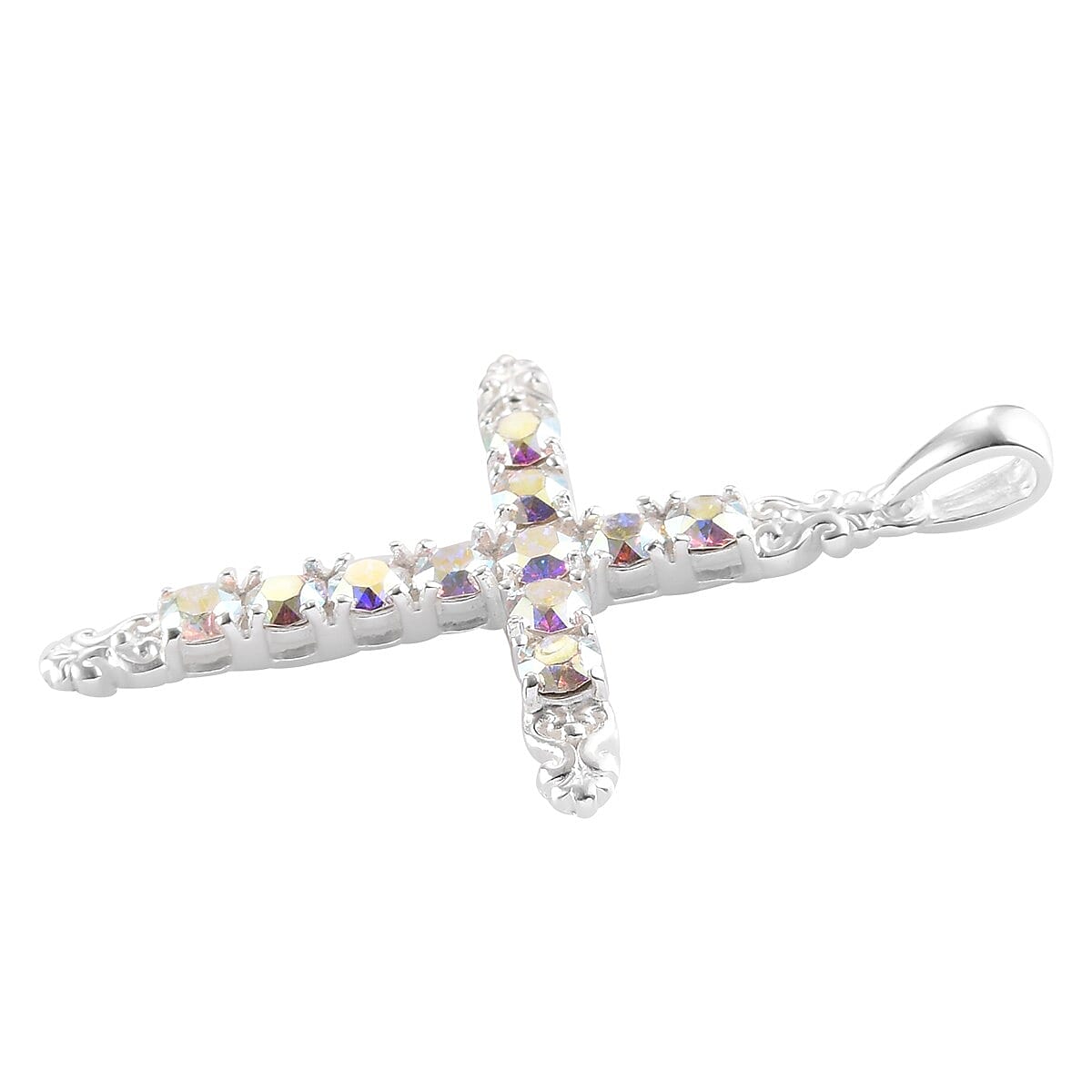 Aurora Borealis Crystal Cross Pendant in Sterling Silver