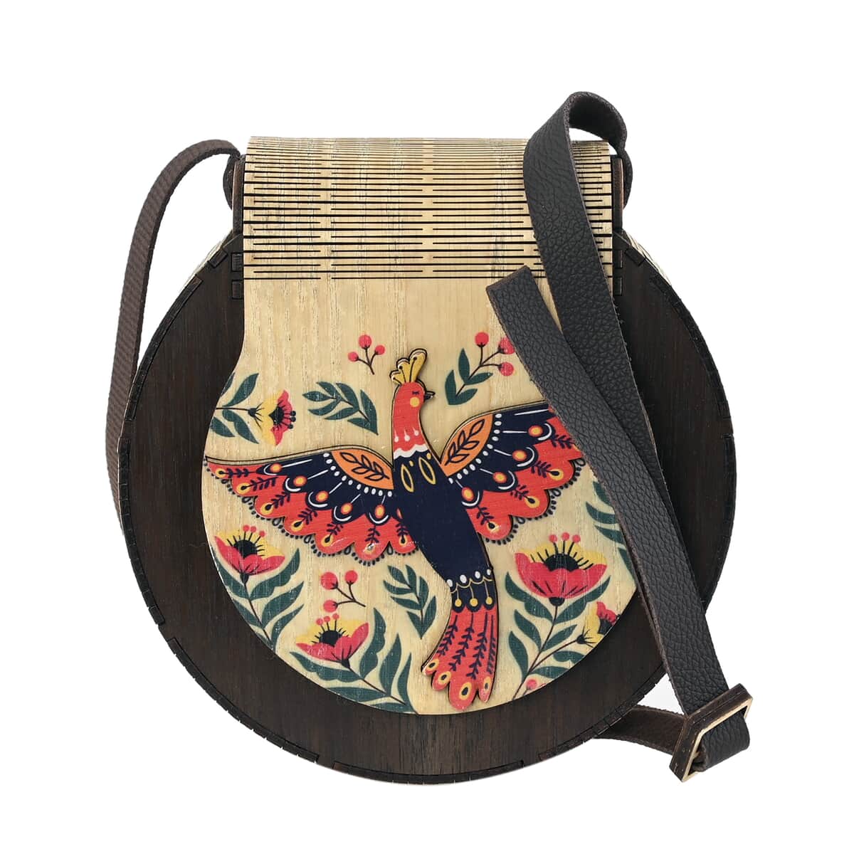 Multi Color Phoenix and Flower Printed Pattern Gift set of Plywood Crossbody Bag with Handmade flower and Greeting Card (6.7"x2.6"x7.5") image number 0