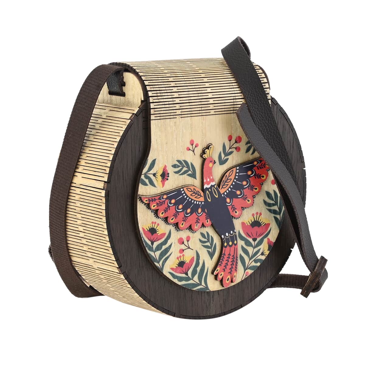 Multi Color Phoenix and Flower Printed Pattern Gift set of Plywood Crossbody Bag with Handmade flower and Greeting Card (6.7"x2.6"x7.5") image number 1