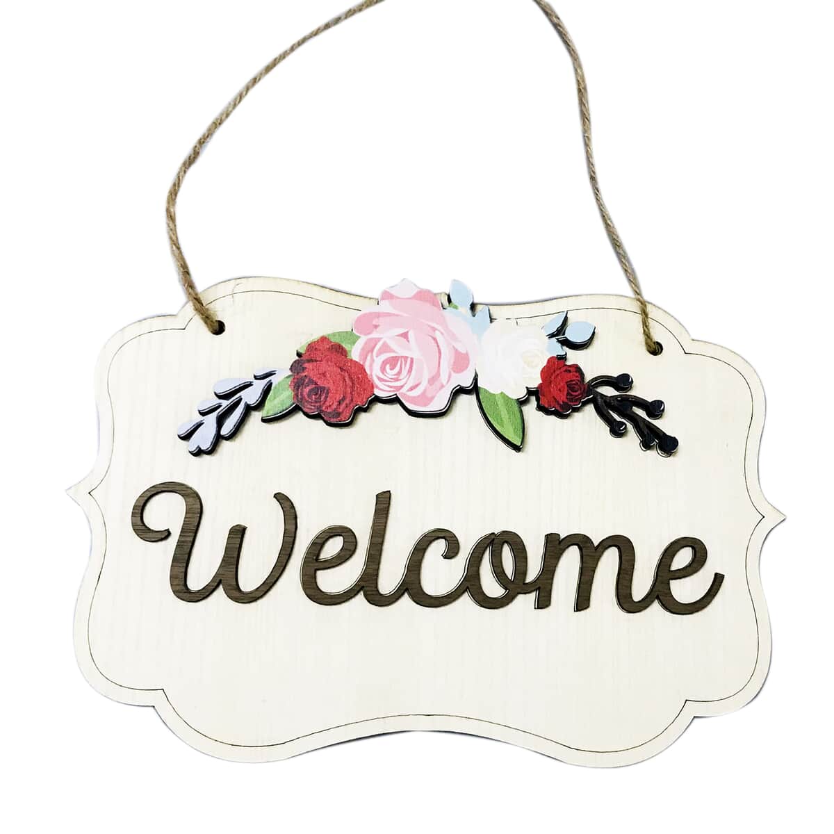 Multi Color Flower Pattern & Printed Welcome Plywood Door Hanging Board (9.84"x6.7") image number 0