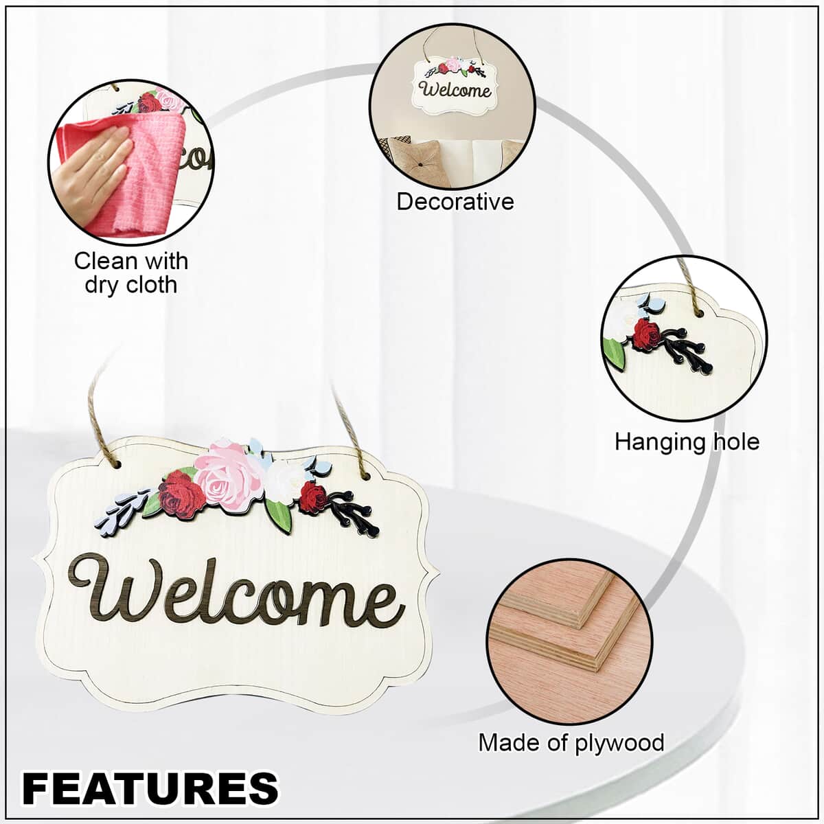 Multi Color Flower Pattern & Printed Welcome Plywood Door Hanging Board (9.84"x6.7") image number 2