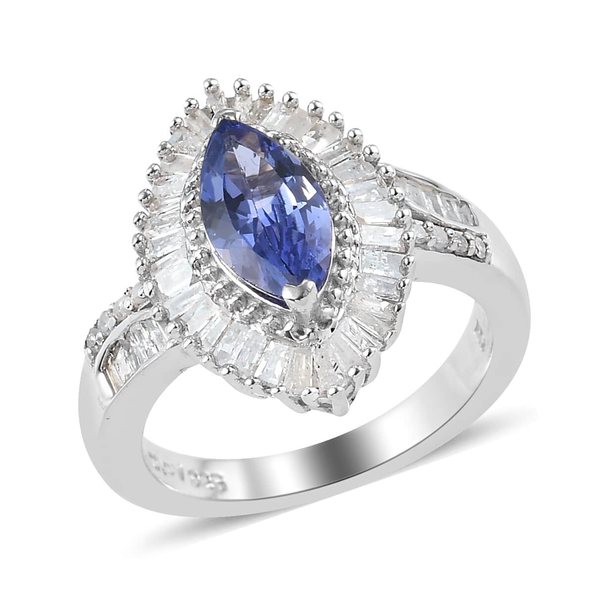 Tanzanite and Diamond Halo Ring in Platinum Over Sterling Silver (Size 9.0) 1.50 ctw image number 0