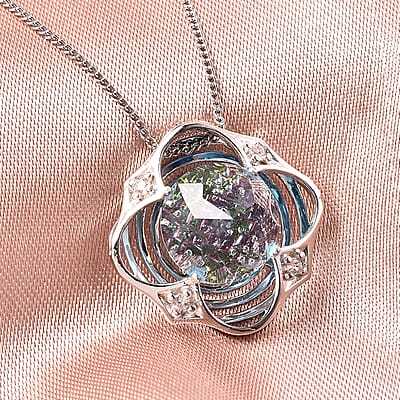 Galatea DavinChi Cut Collection Blue Topaz and Multi Gemstone Pendant Necklace 18 Inches in Rhodium Over Sterling Silver 3.80 ctw