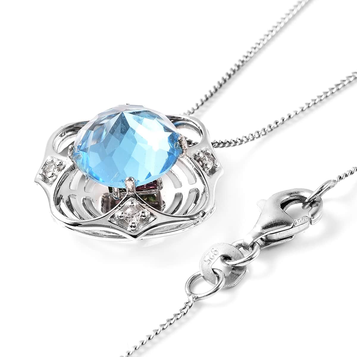 Galatea DavinChi Cut Collection Blue Topaz and Multi Gemstone Pendant Necklace 18 Inches in Rhodium Over Sterling Silver 3.80 ctw image number 3