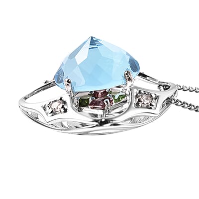Galatea DavinChi Cut Collection Blue Topaz and Multi Gemstone Pendant Necklace 18 Inches in Rhodium Over Sterling Silver 3.80 ctw