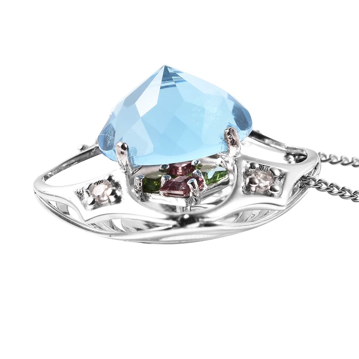 Galatea DavinChi Cut Collection Blue Topaz and Multi Gemstone Pendant Necklace 18 Inches in Rhodium Over Sterling Silver 3.80 ctw image number 4