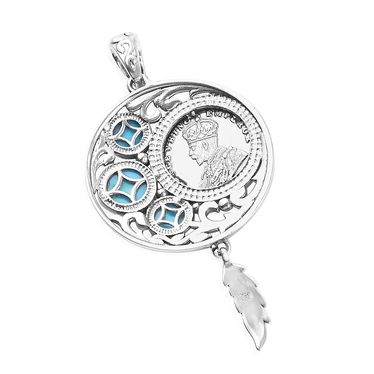 Sleeping Beauty Turquoise Queen Victoria Coin and Feather Pendant in Sterling Silver 2.80 ctw image number 2