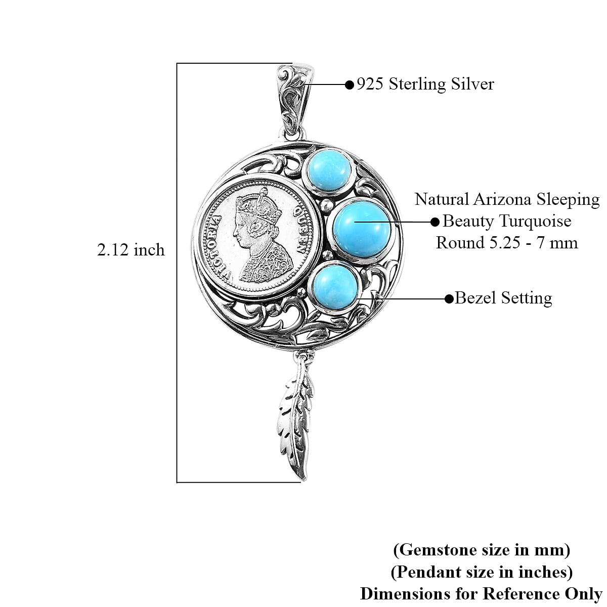 Sleeping Beauty Turquoise Queen Victoria Coin and Feather Pendant in Sterling Silver 2.80 ctw image number 3