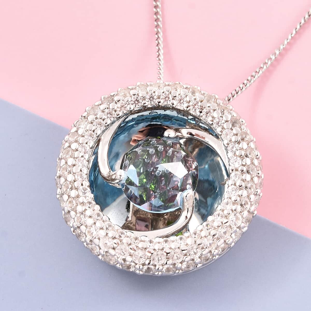 Galatea DavinChi Cut Collection Blue Topaz and Multi Gemstone Pendant Necklace 18 Inches in Rhodium Over Sterling Silver 5.50 ctw image number 1