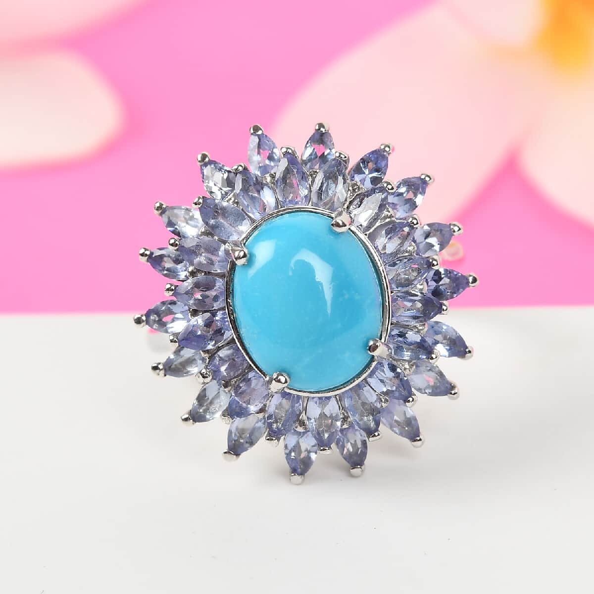 American Natural Sleeping Beauty Turquoise and Tanzanite Floral Spray Ring in Platinum Over Sterling Silver (Size 10.0) 5.80 ctw image number 1