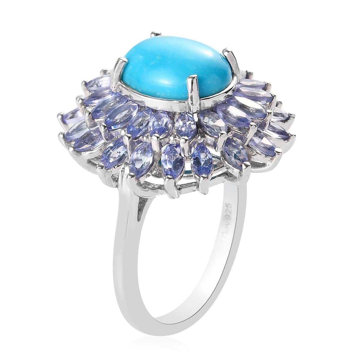 American Natural Sleeping Beauty Turquoise and Tanzanite Floral Spray Ring in Platinum Over Sterling Silver (Size 10.0) 5.80 ctw image number 3